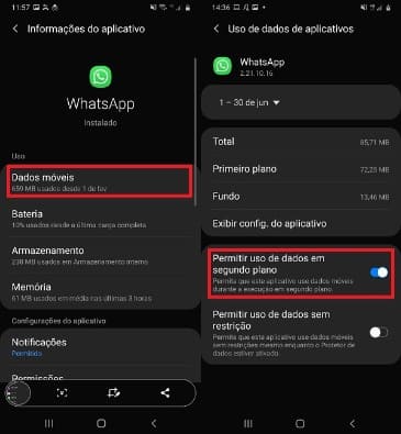 verificar dados móveis whatsapp